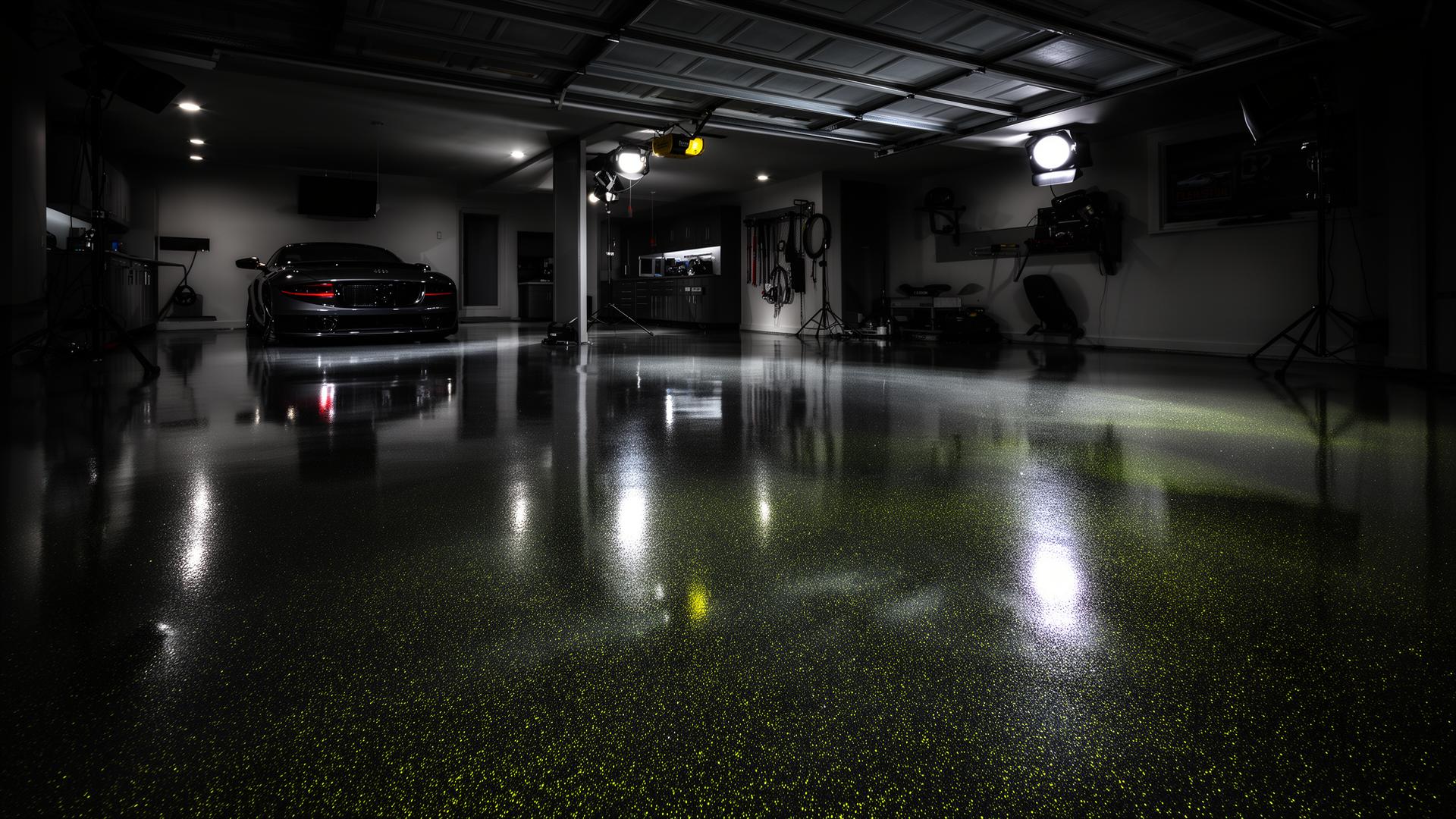 Glossy metallic epoxy garage floor
